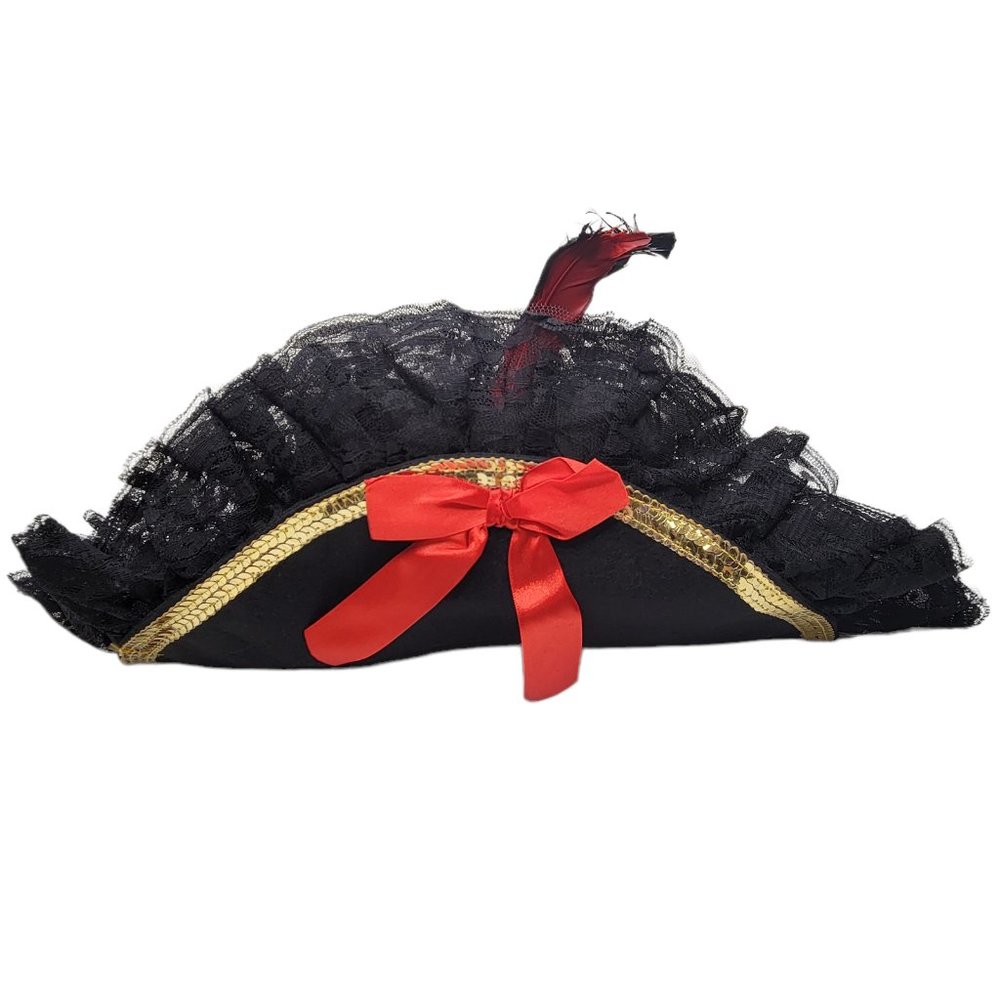 Pirate Hat with Sequin and Lace Trim Feather and Red Bow Details - Picture 3 of 9